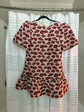 Floral Puff-Sleeve Peplum Top in Red and Cream